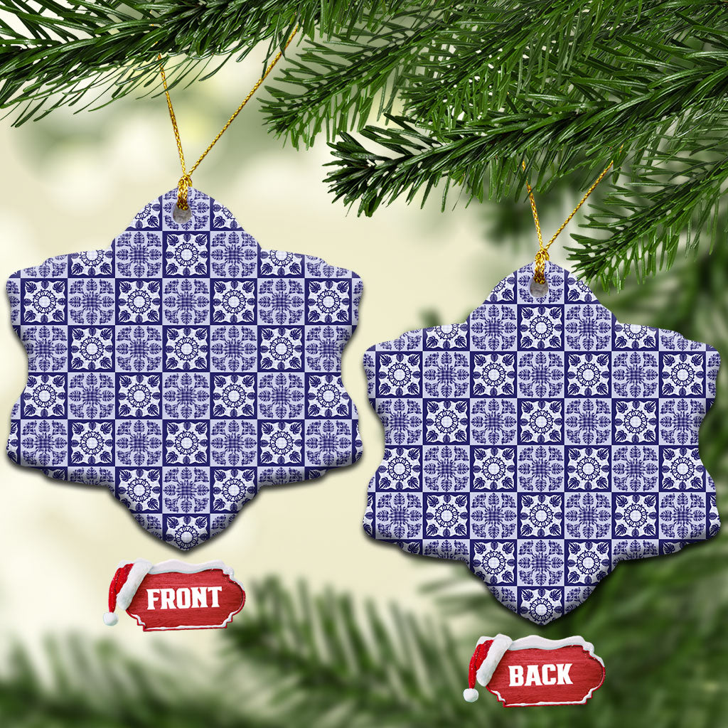 Polu Palaka Quilt Hawaii Ceramic Ornament Hawaiian Tropical Monstera Sea Turtle LT14 Snow Flake Blue - Polynesian Pride