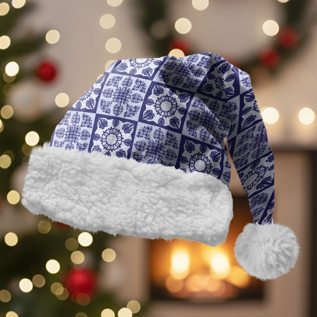 Polu Palaka Quilt Hawaii Christmas Santa Hat Hawaiian Tropical Monstera Sea Turtle LT14 With Fur Blue - Polynesian Pride