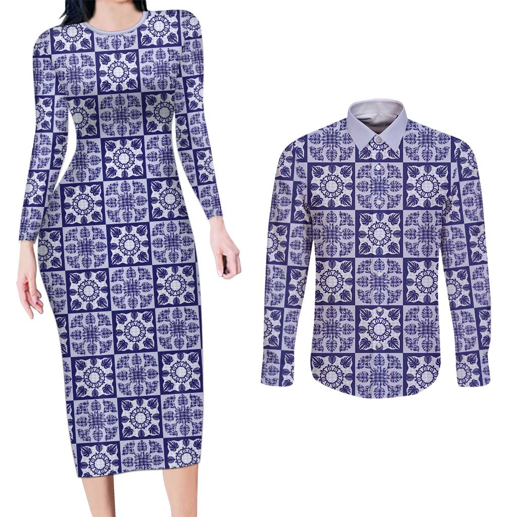 Polu Palaka Quilt Hawaii Couples Matching Long Sleeve Bodycon Dress and Long Sleeve Button Shirt Hawaiian Tropical Monstera Sea Turtle