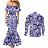 Polu Palaka Quilt Hawaii Couples Matching Mermaid Dress and Long Sleeve Button Shirt Hawaiian Tropical Monstera Sea Turtle