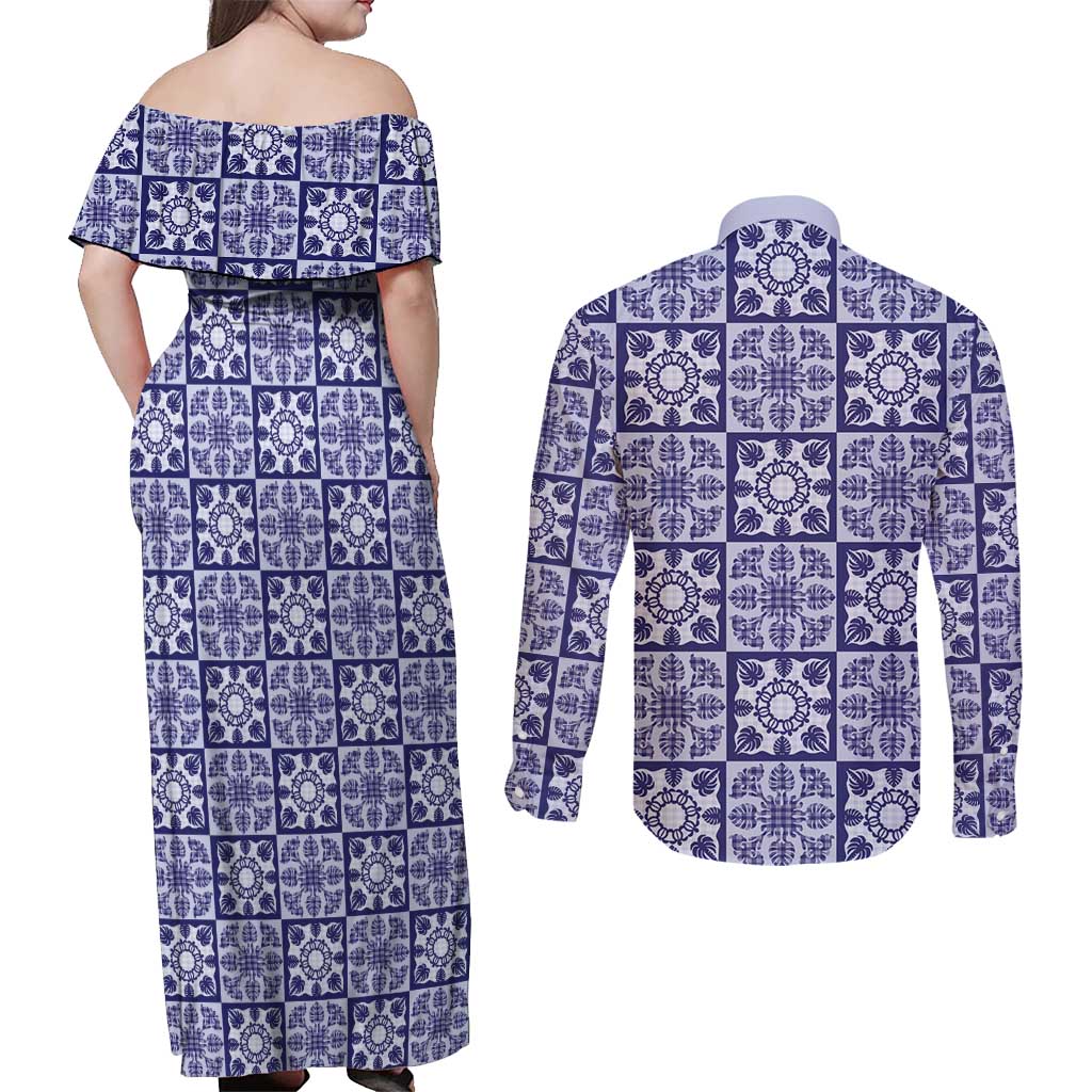 Polu Palaka Quilt Hawaii Couples Matching Off Shoulder Maxi Dress and Long Sleeve Button Shirt Hawaiian Tropical Monstera Sea Turtle LT14 - Polynesian Pride