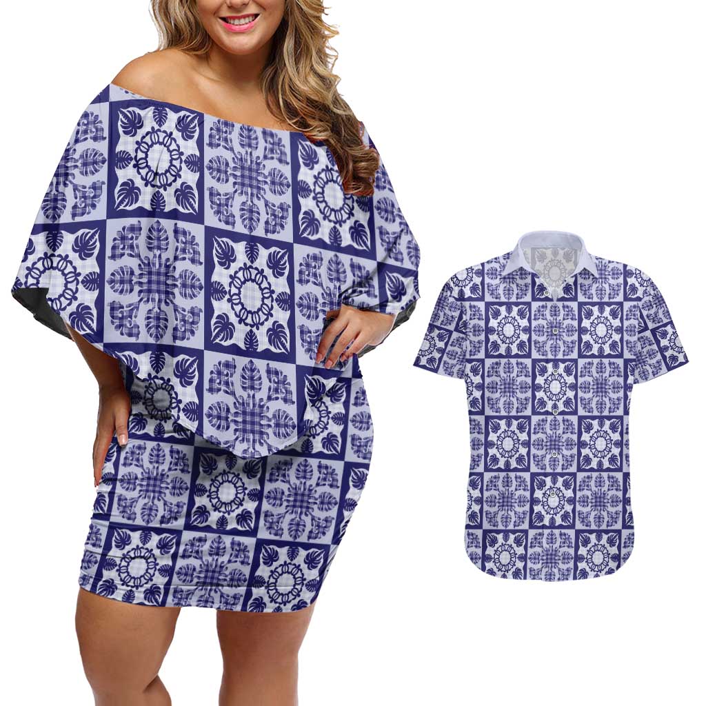Polu Palaka Quilt Hawaii Couples Matching Off Shoulder Short Dress and Hawaiian Shirt Hawaiian Tropical Monstera Sea Turtle