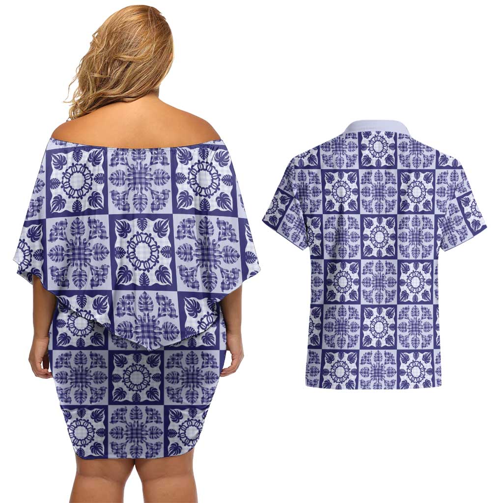Polu Palaka Quilt Hawaii Couples Matching Off Shoulder Short Dress and Hawaiian Shirt Hawaiian Tropical Monstera Sea Turtle