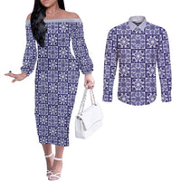 Polu Palaka Quilt Hawaii Couples Matching Off The Shoulder Long Sleeve Dress and Long Sleeve Button Shirt Hawaiian Tropical Monstera Sea Turtle