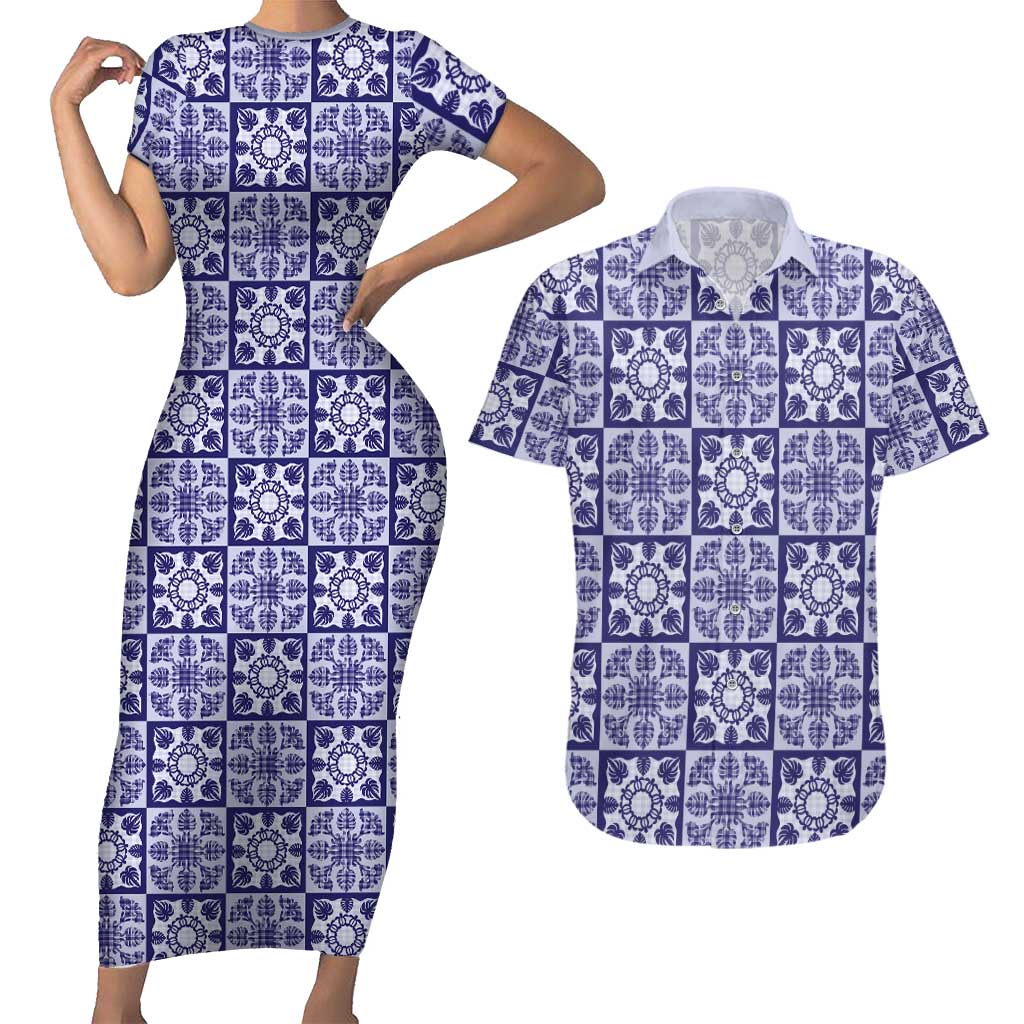 Polu Palaka Quilt Hawaii Couples Matching Short Sleeve Bodycon Dress and Hawaiian Shirt Hawaiian Tropical Monstera Sea Turtle LT14 Blue - Polynesian Pride