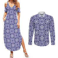 Polu Palaka Quilt Hawaii Couples Matching Summer Maxi Dress and Long Sleeve Button Shirt Hawaiian Tropical Monstera Sea Turtle LT14 Blue - Polynesian Pride