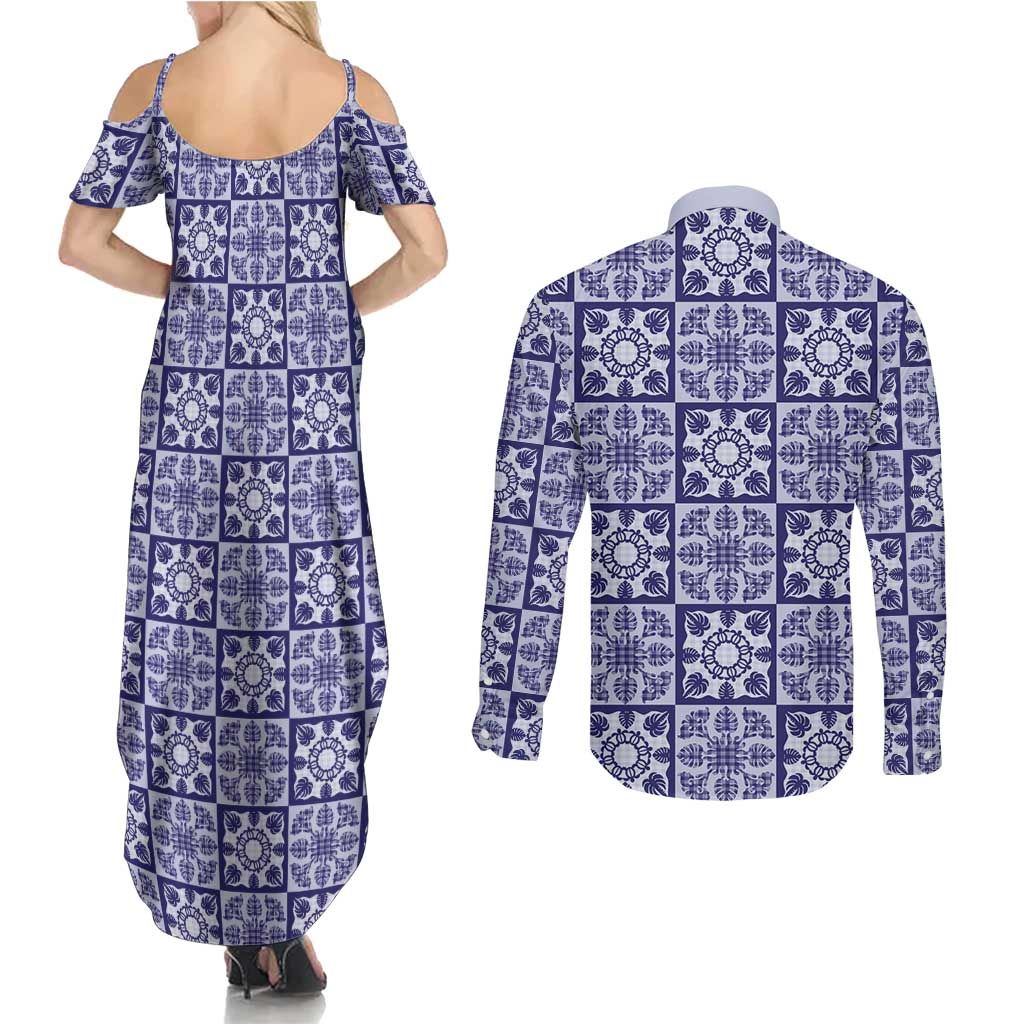 Polu Palaka Quilt Hawaii Couples Matching Summer Maxi Dress and Long Sleeve Button Shirt Hawaiian Tropical Monstera Sea Turtle LT14 - Polynesian Pride