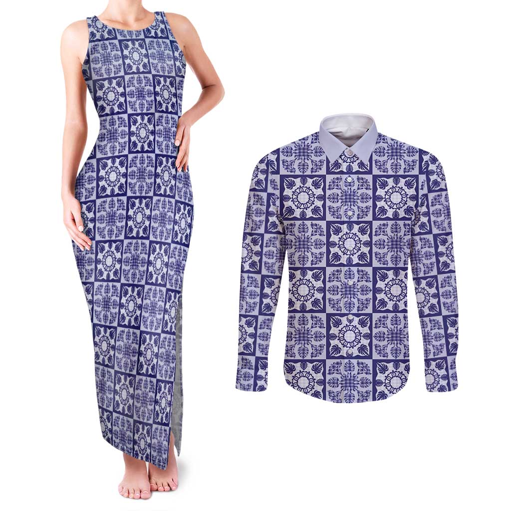 Polu Palaka Quilt Hawaii Couples Matching Tank Maxi Dress and Long Sleeve Button Shirt Hawaiian Tropical Monstera Sea Turtle LT14 Blue - Polynesian Pride