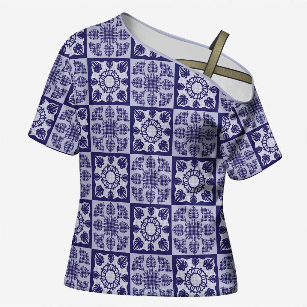 Polu Palaka Quilt Hawaii Cross Shoulder Shirt Hawaiian Tropical Monstera Sea Turtle LT14 Female Blue - Polynesian Pride