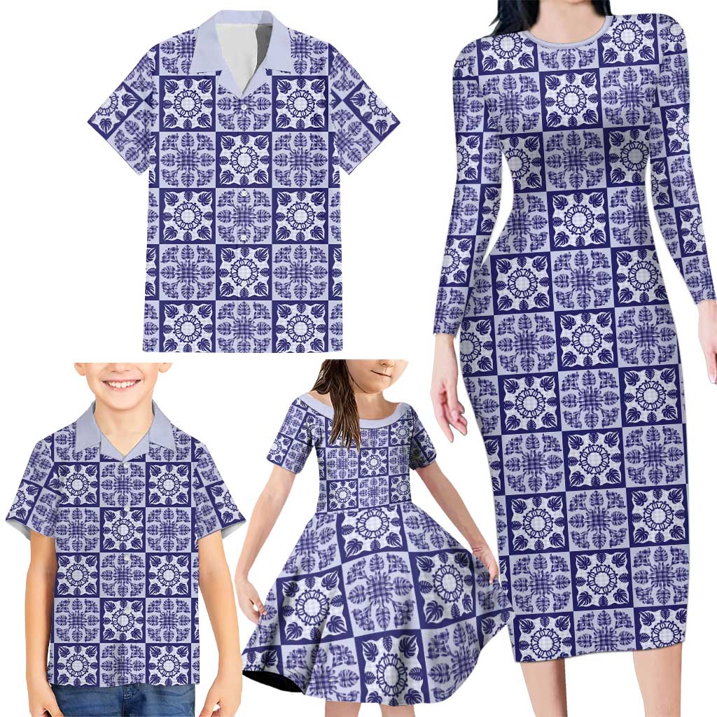 Polu Palaka Quilt Hawaii Family Matching Long Sleeve Bodycon Dress and Hawaiian Shirt Hawaiian Tropical Monstera Sea Turtle