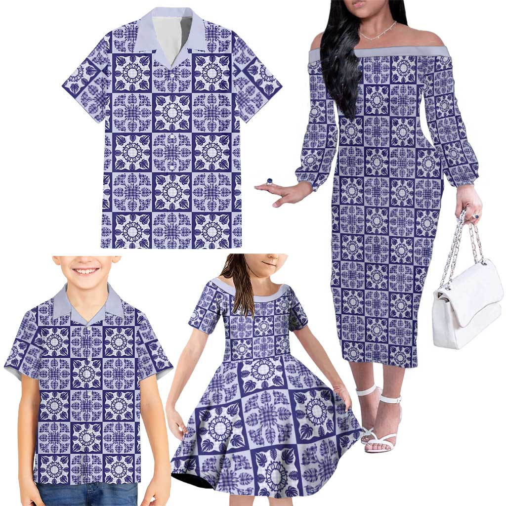 Polu Palaka Quilt Hawaii Family Matching Off The Shoulder Long Sleeve Dress and Hawaiian Shirt Hawaiian Tropical Monstera Sea Turtle