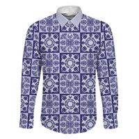 Polu Palaka Quilt Hawaii Family Matching Off Shoulder Maxi Dress and Hawaiian Shirt Hawaiian Tropical Monstera Sea Turtle LT14 Dad's Shirt - Long Sleeve Blue - Polynesian Pride