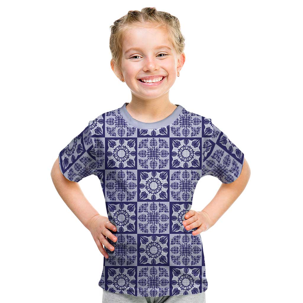 Polu Palaka Quilt Hawaii Kid T Shirt Hawaiian Tropical Monstera Sea Turtle LT14 Blue - Polynesian Pride