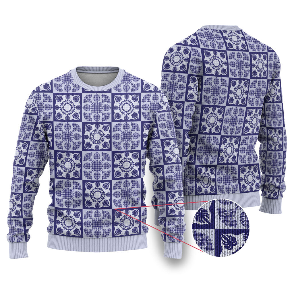 Polu Palaka Quilt Hawaii Ugly Christmas Sweater Hawaiian Tropical Monstera Sea Turtle LT14 Blue - Polynesian Pride