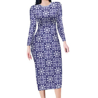 Polu Palaka Quilt Hawaii Long Sleeve Bodycon Dress Hawaiian Tropical Monstera Sea Turtle LT14 Long Dress Blue - Polynesian Pride