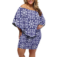Polu Palaka Quilt Hawaii Off Shoulder Short Dress Hawaiian Tropical Monstera Sea Turtle LT14 Women Blue - Polynesian Pride
