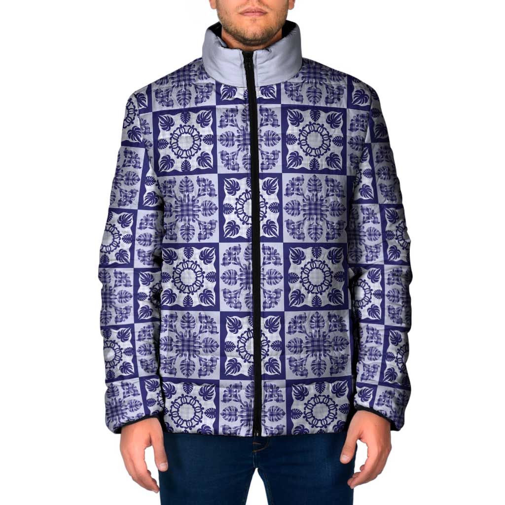 Polu Palaka Quilt Hawaii Padded Jacket Hawaiian Tropical Monstera Sea Turtle LT14 Men Blue - Polynesian Pride