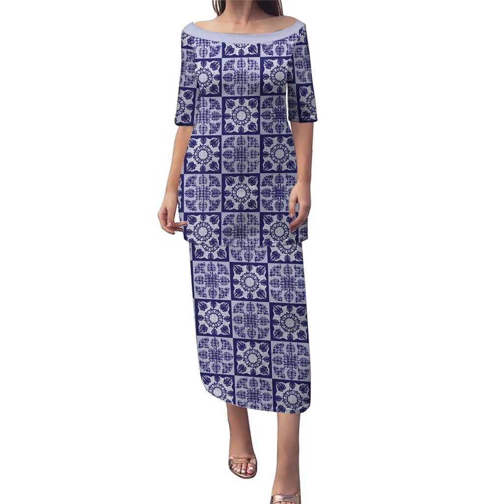 Polu Palaka Quilt Hawaii Puletasi Hawaiian Tropical Monstera Sea Turtle LT14 Long Dress Blue - Polynesian Pride