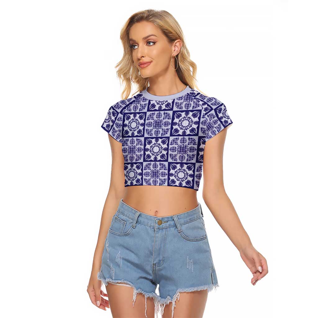 Polu Palaka Quilt Hawaii Raglan Cropped T Shirt Hawaiian Tropical Monstera Sea Turtle LT14 Female Blue - Polynesian Pride