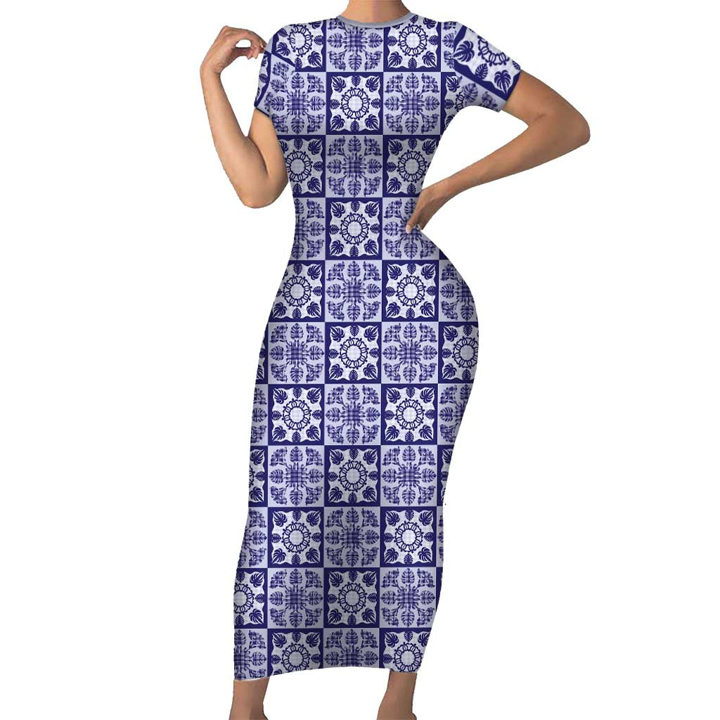Polu Palaka Quilt Hawaii Short Sleeve Bodycon Dress Hawaiian Tropical Monstera Sea Turtle LT14 Long Dress Blue - Polynesian Pride