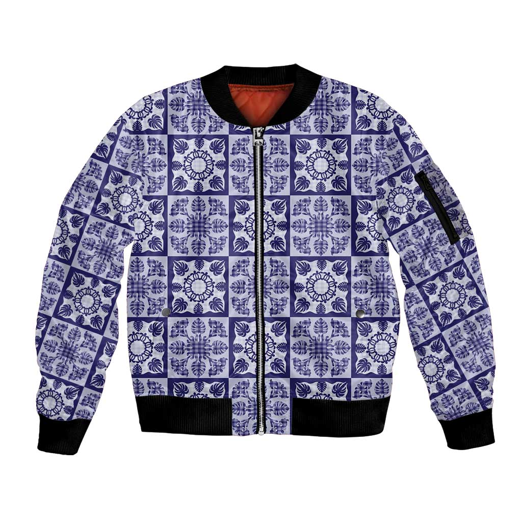 Polu Palaka Quilt Hawaii Sleeve Zip Bomber Jacket Hawaiian Tropical Monstera Sea Turtle