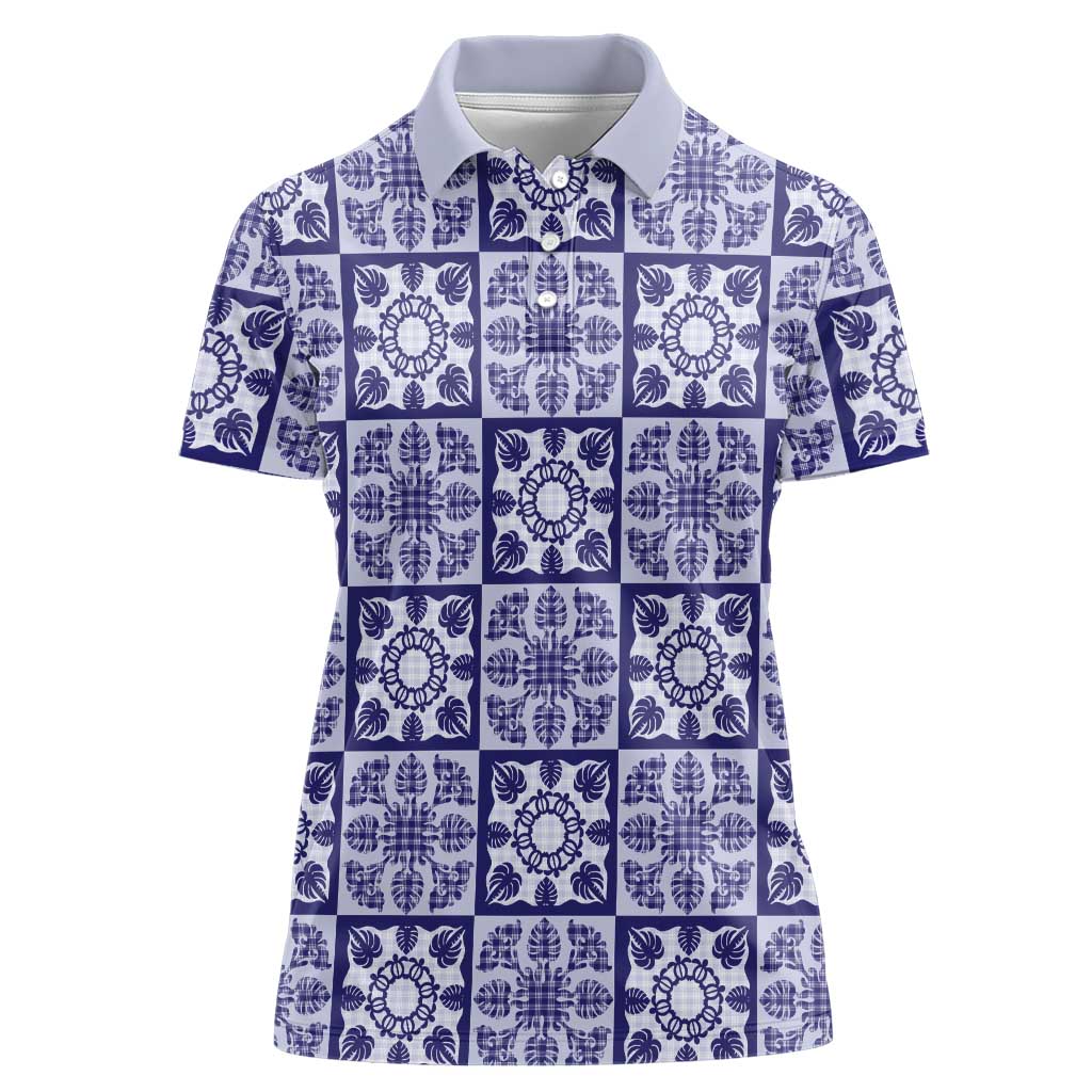 Polu Palaka Quilt Hawaii Women Polo Shirt Hawaiian Tropical Monstera Sea Turtle LT14 Female Blue - Polynesian Pride
