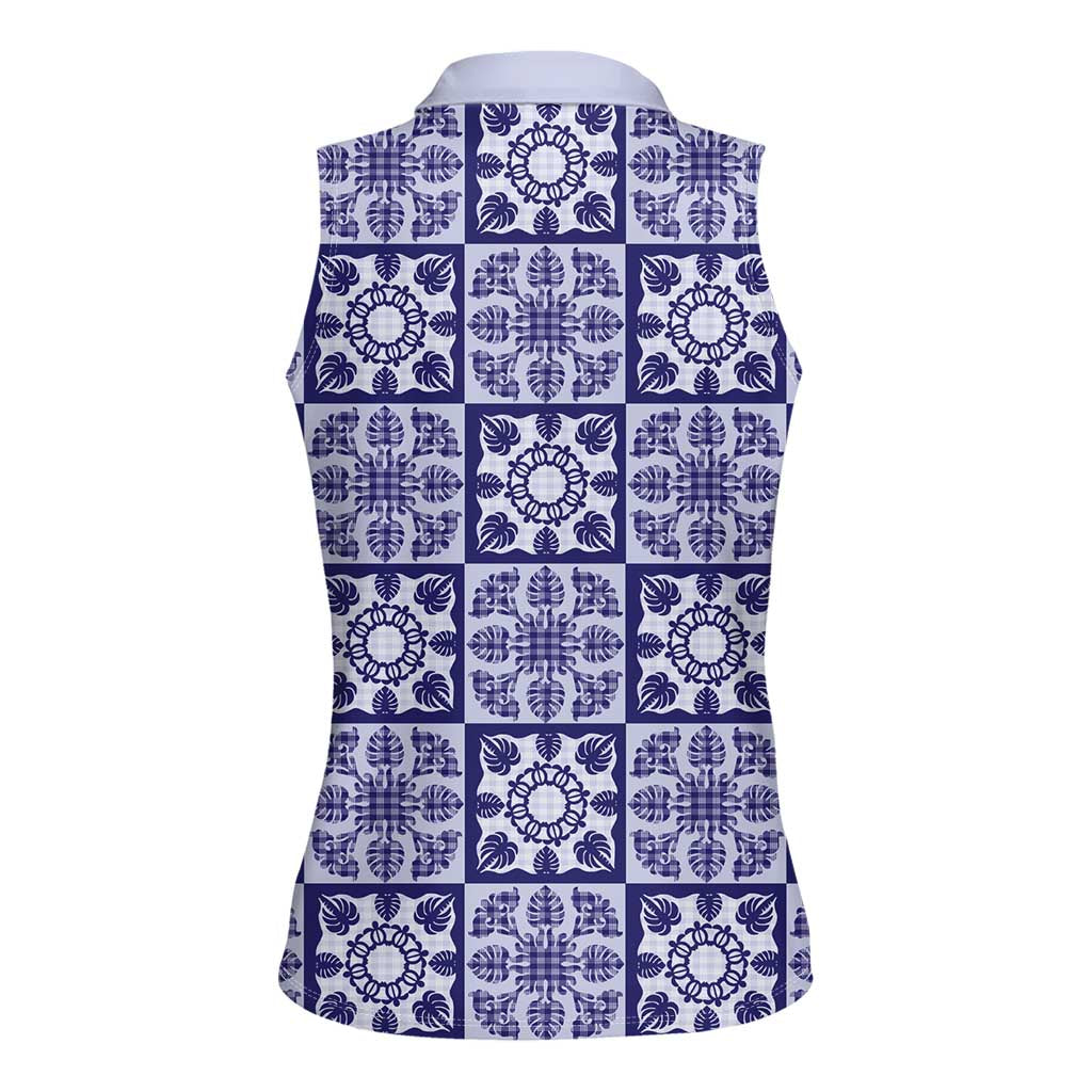 Polu Palaka Quilt Hawaii Women Sleeveless Polo Shirt Hawaiian Tropical Monstera Sea Turtle