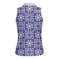 Polu Palaka Quilt Hawaii Women Sleeveless Polo Shirt Hawaiian Tropical Monstera Sea Turtle