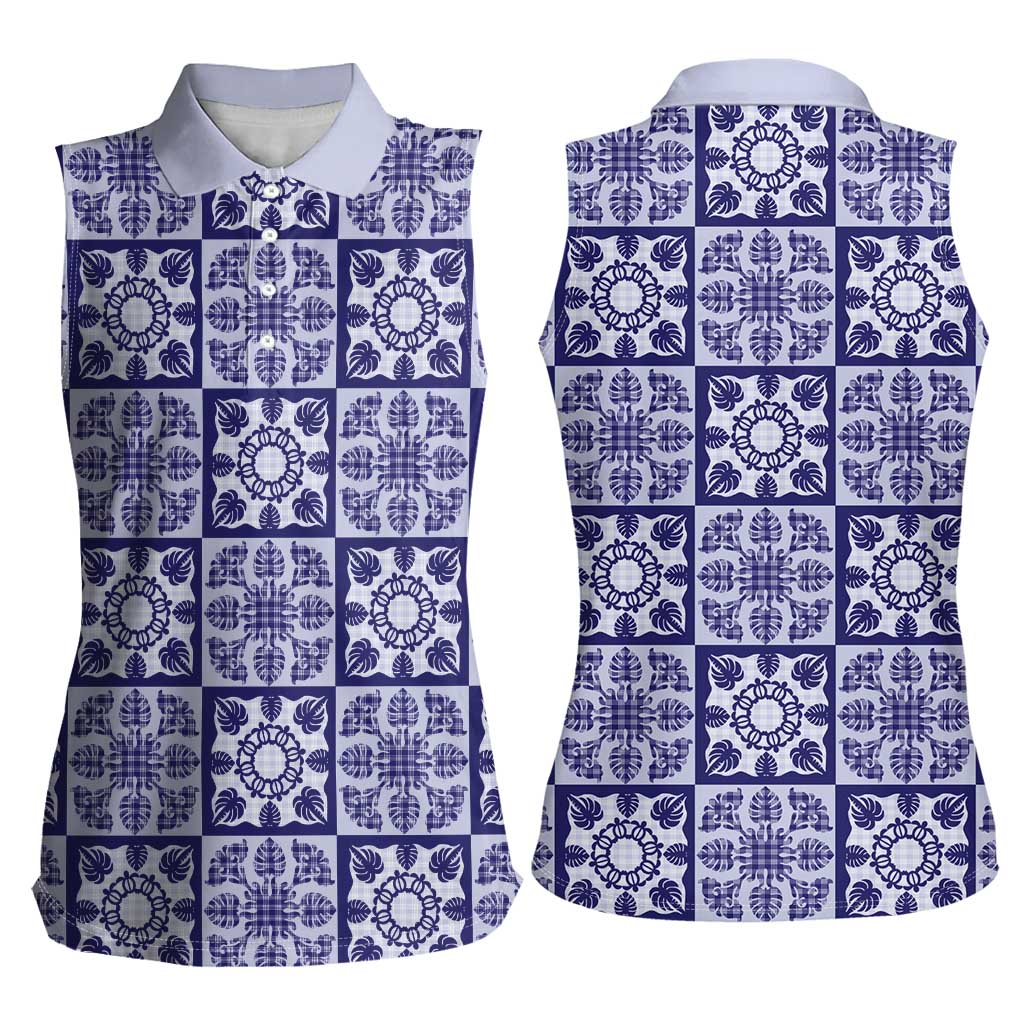 Polu Palaka Quilt Hawaii Women Sleeveless Polo Shirt Hawaiian Tropical Monstera Sea Turtle