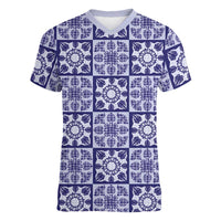 Polu Palaka Quilt Hawaii Women V-Neck T-Shirt Hawaiian Tropical Monstera Sea Turtle LT14 Female Blue - Polynesian Pride