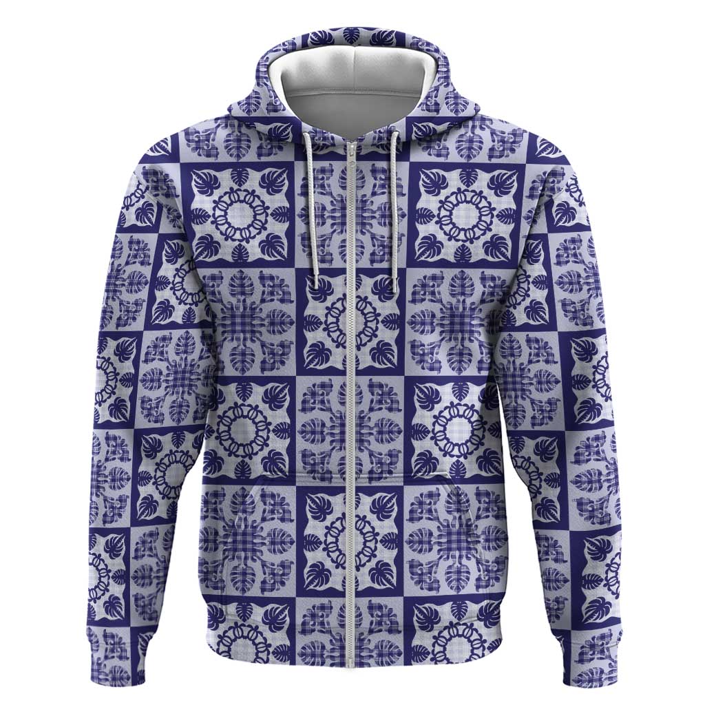 Polu Palaka Quilt Hawaii Zip Hoodie Hawaiian Tropical Monstera Sea Turtle LT14 Zip Hoodie Blue - Polynesian Pride