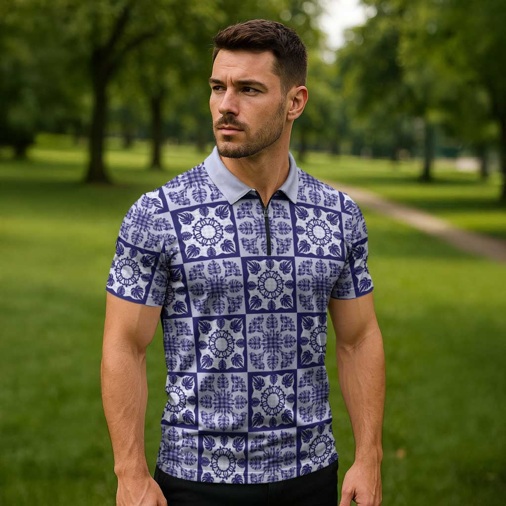 Polu Palaka Quilt Hawaii Zipper Polo Shirt Hawaiian Tropical Monstera Sea Turtle LT14 - Polynesian Pride