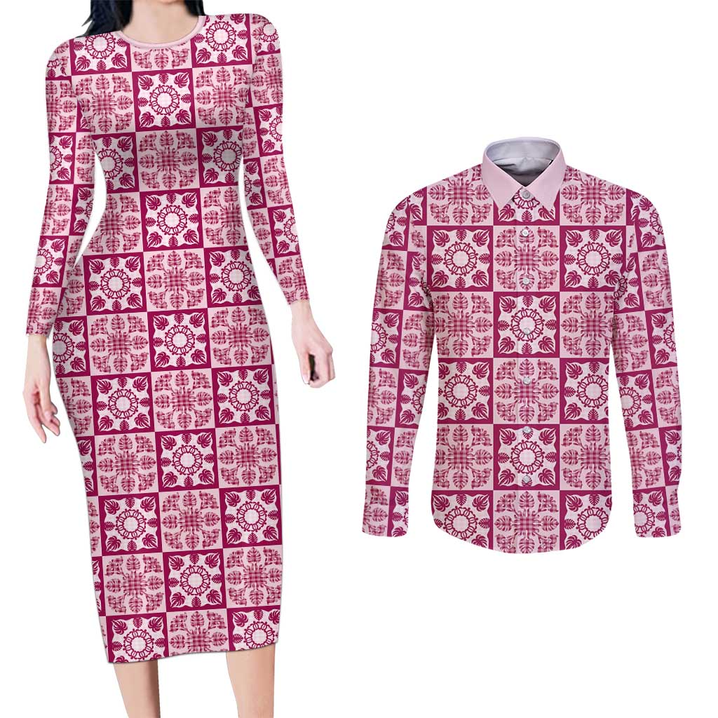 Akala Palaka Quilt Hawaii Couples Matching Long Sleeve Bodycon Dress and Long Sleeve Button Shirt Hawaiian Tropical Monstera Sea Turtle