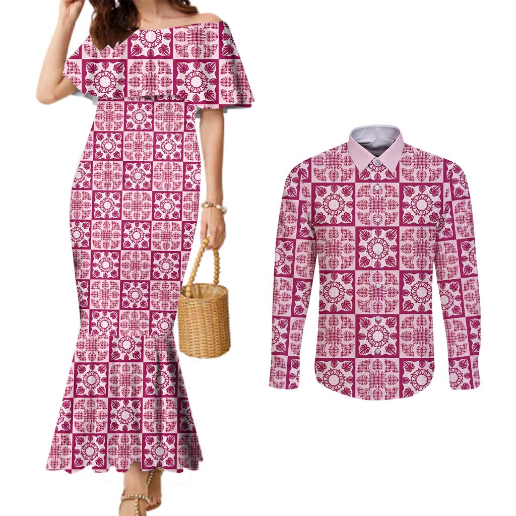 Akala Palaka Quilt Hawaii Couples Matching Mermaid Dress and Long Sleeve Button Shirt Hawaiian Tropical Monstera Sea Turtle LT14 Pink - Polynesian Pride
