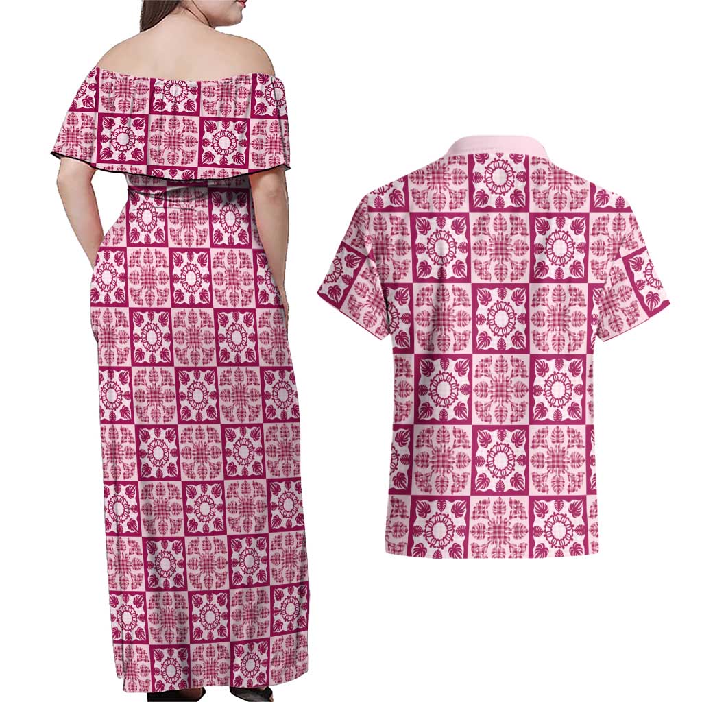 Akala Palaka Quilt Hawaii Couples Matching Off Shoulder Maxi Dress and Hawaiian Shirt Hawaiian Tropical Monstera Sea Turtle LT14 - Polynesian Pride