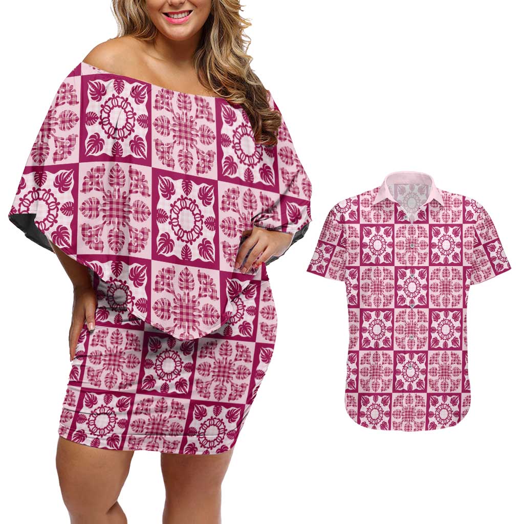 Akala Palaka Quilt Hawaii Couples Matching Off Shoulder Short Dress and Hawaiian Shirt Hawaiian Tropical Monstera Sea Turtle