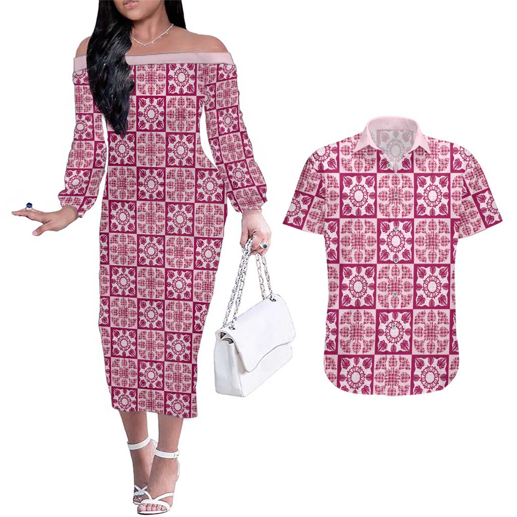 Akala Palaka Quilt Hawaii Couples Matching Off The Shoulder Long Sleeve Dress and Hawaiian Shirt Hawaiian Tropical Monstera Sea Turtle