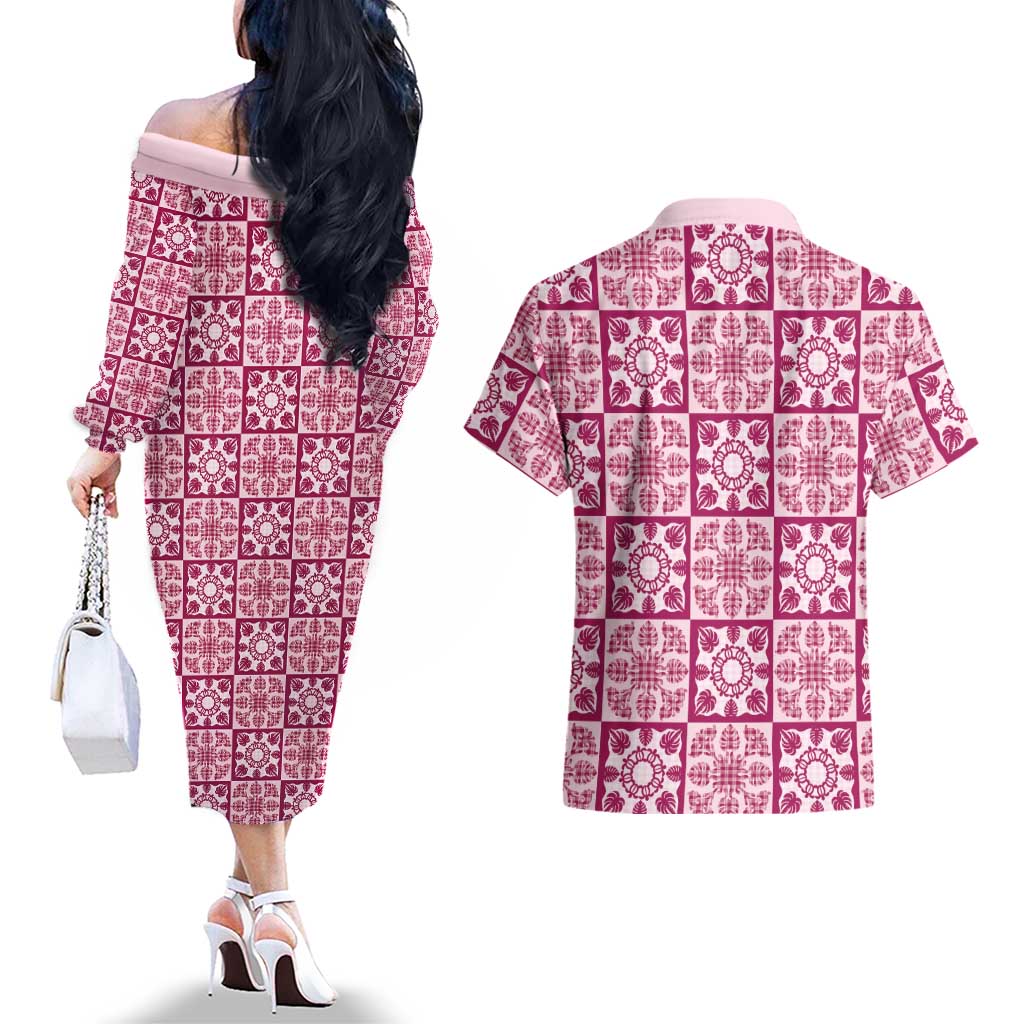 Akala Palaka Quilt Hawaii Couples Matching Off The Shoulder Long Sleeve Dress and Hawaiian Shirt Hawaiian Tropical Monstera Sea Turtle