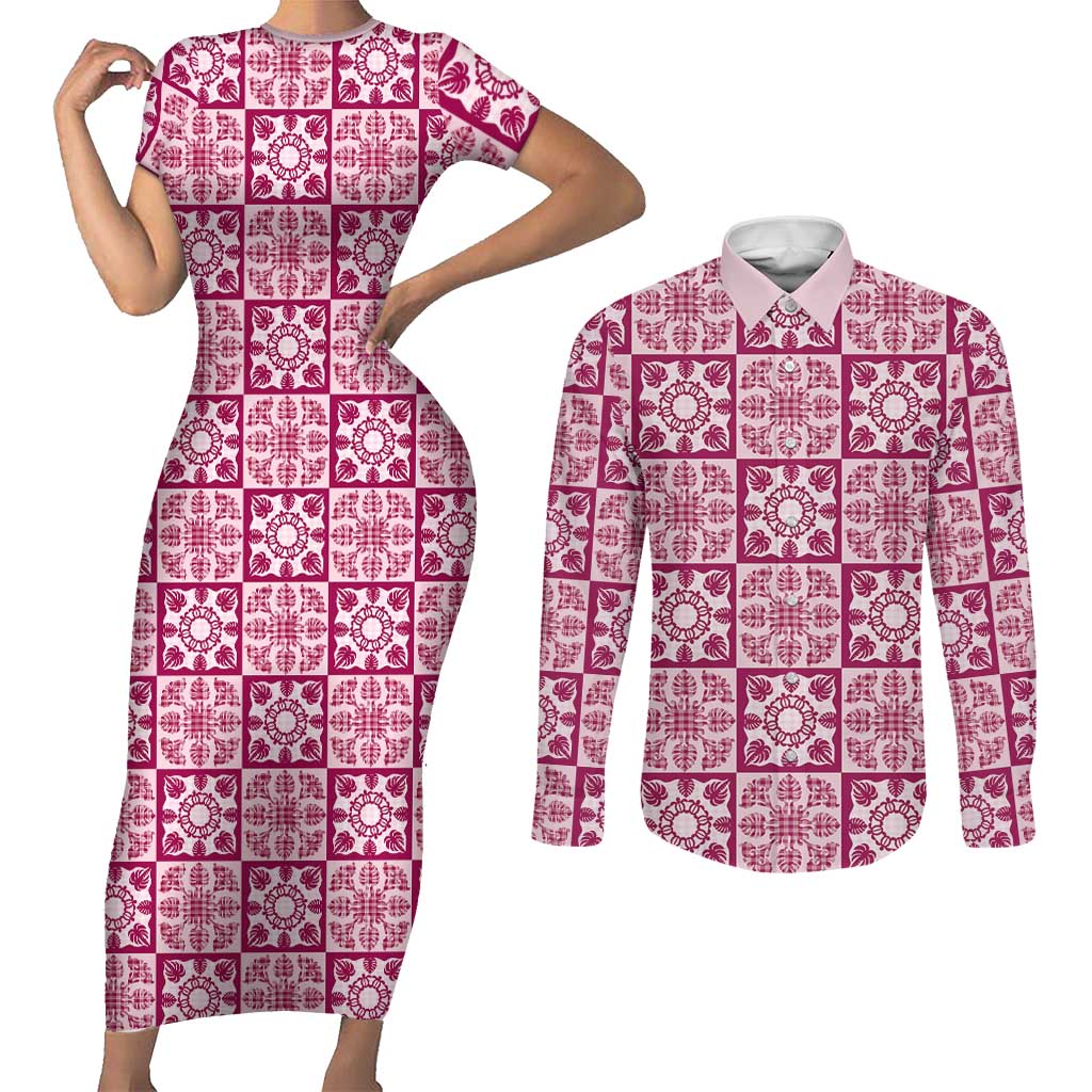Akala Palaka Quilt Hawaii Couples Matching Short Sleeve Bodycon Dress and Long Sleeve Button Shirt Hawaiian Tropical Monstera Sea Turtle