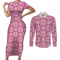 Akala Palaka Quilt Hawaii Couples Matching Short Sleeve Bodycon Dress and Long Sleeve Button Shirt Hawaiian Tropical Monstera Sea Turtle