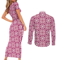 Akala Palaka Quilt Hawaii Couples Matching Short Sleeve Bodycon Dress and Long Sleeve Button Shirt Hawaiian Tropical Monstera Sea Turtle