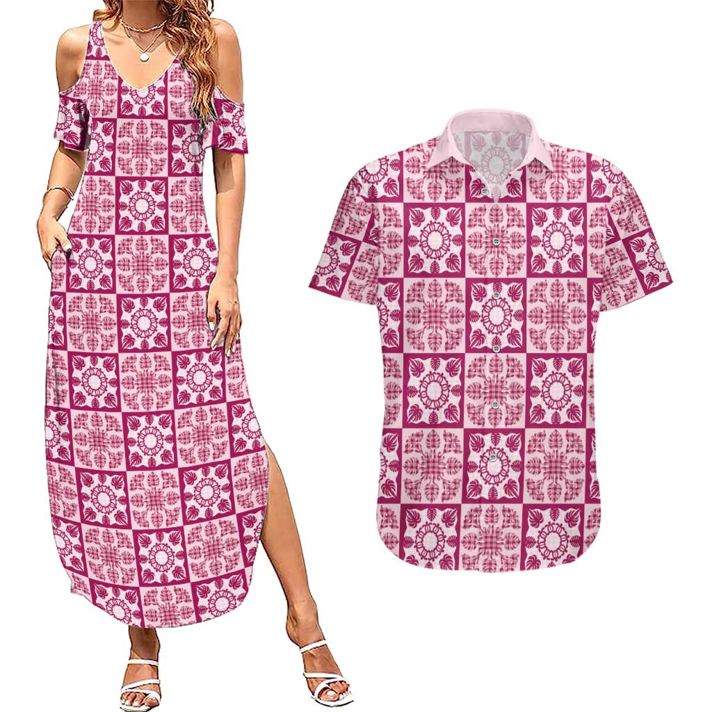 Akala Palaka Quilt Hawaii Couples Matching Summer Maxi Dress and Hawaiian Shirt Hawaiian Tropical Monstera Sea Turtle LT14 Pink - Polynesian Pride