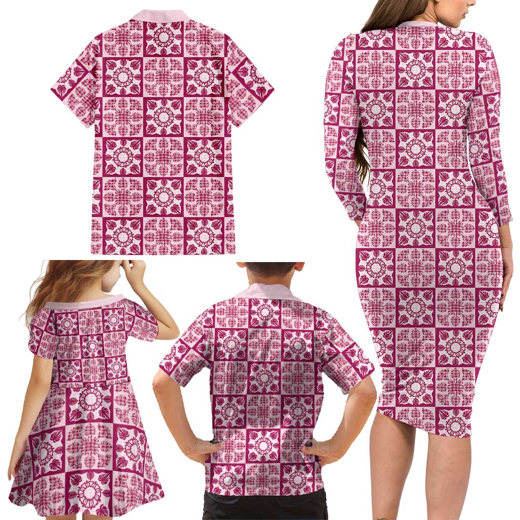 Akala Palaka Quilt Hawaii Family Matching Long Sleeve Bodycon Dress and Hawaiian Shirt Hawaiian Tropical Monstera Sea Turtle