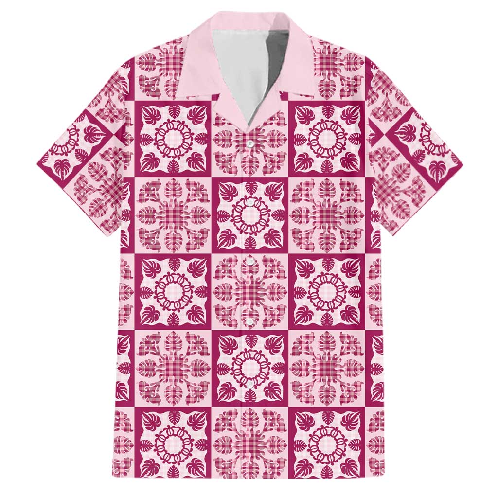 Akala Palaka Quilt Hawaii Family Matching Mermaid Dress and Hawaiian Shirt Hawaiian Tropical Monstera Sea Turtle LT14 Dad's Shirt - Short Sleeve Pink - Polynesian Pride