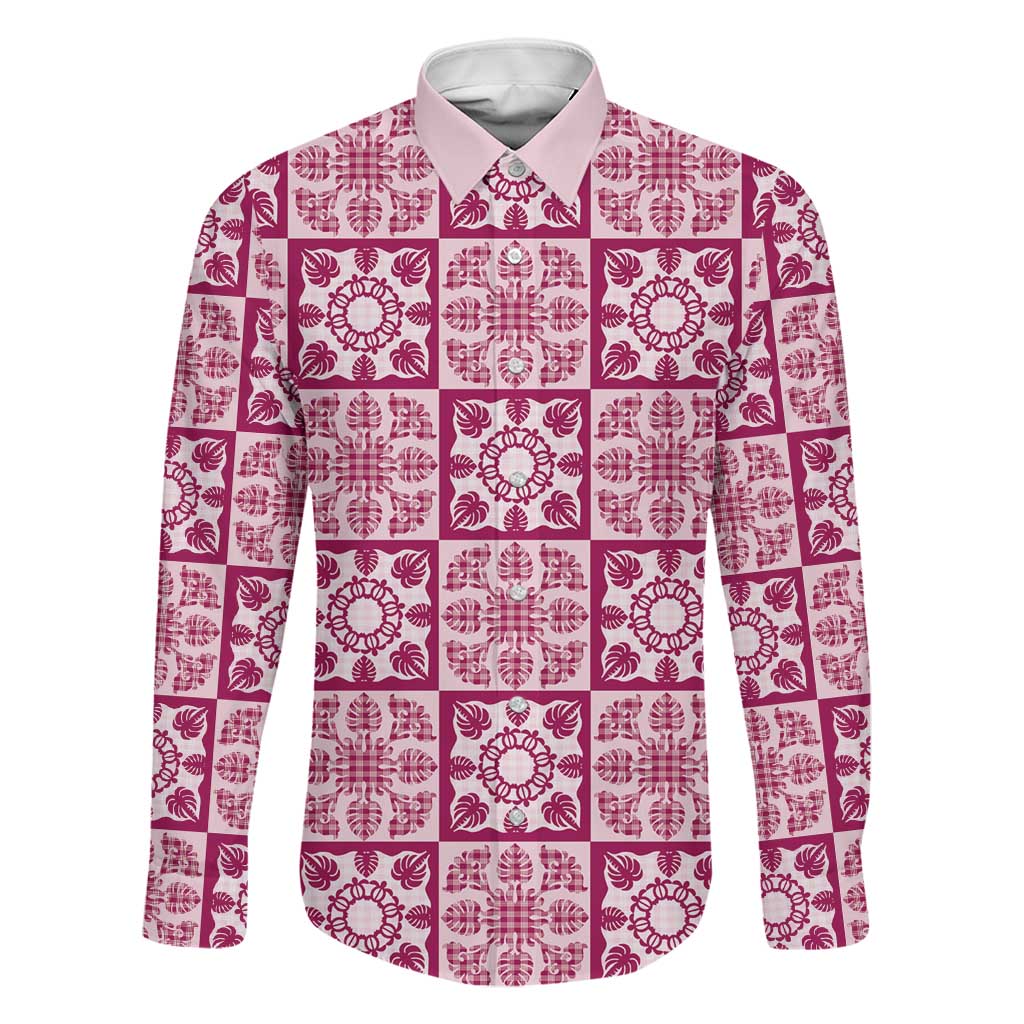Akala Palaka Quilt Hawaii Family Matching Mermaid Dress and Hawaiian Shirt Hawaiian Tropical Monstera Sea Turtle LT14 Dad's Shirt - Long Sleeve Pink - Polynesian Pride