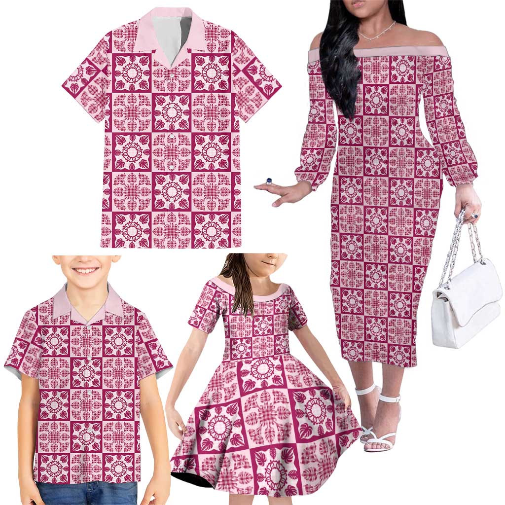 Akala Palaka Quilt Hawaii Family Matching Off The Shoulder Long Sleeve Dress and Hawaiian Shirt Hawaiian Tropical Monstera Sea Turtle