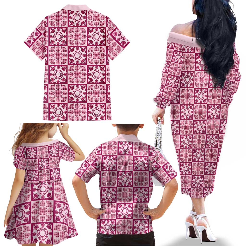Akala Palaka Quilt Hawaii Family Matching Off The Shoulder Long Sleeve Dress and Hawaiian Shirt Hawaiian Tropical Monstera Sea Turtle