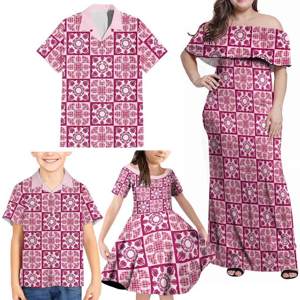 Akala Palaka Quilt Hawaii Family Matching Off Shoulder Maxi Dress and Hawaiian Shirt Hawaiian Tropical Monstera Sea Turtle LT14 - Polynesian Pride