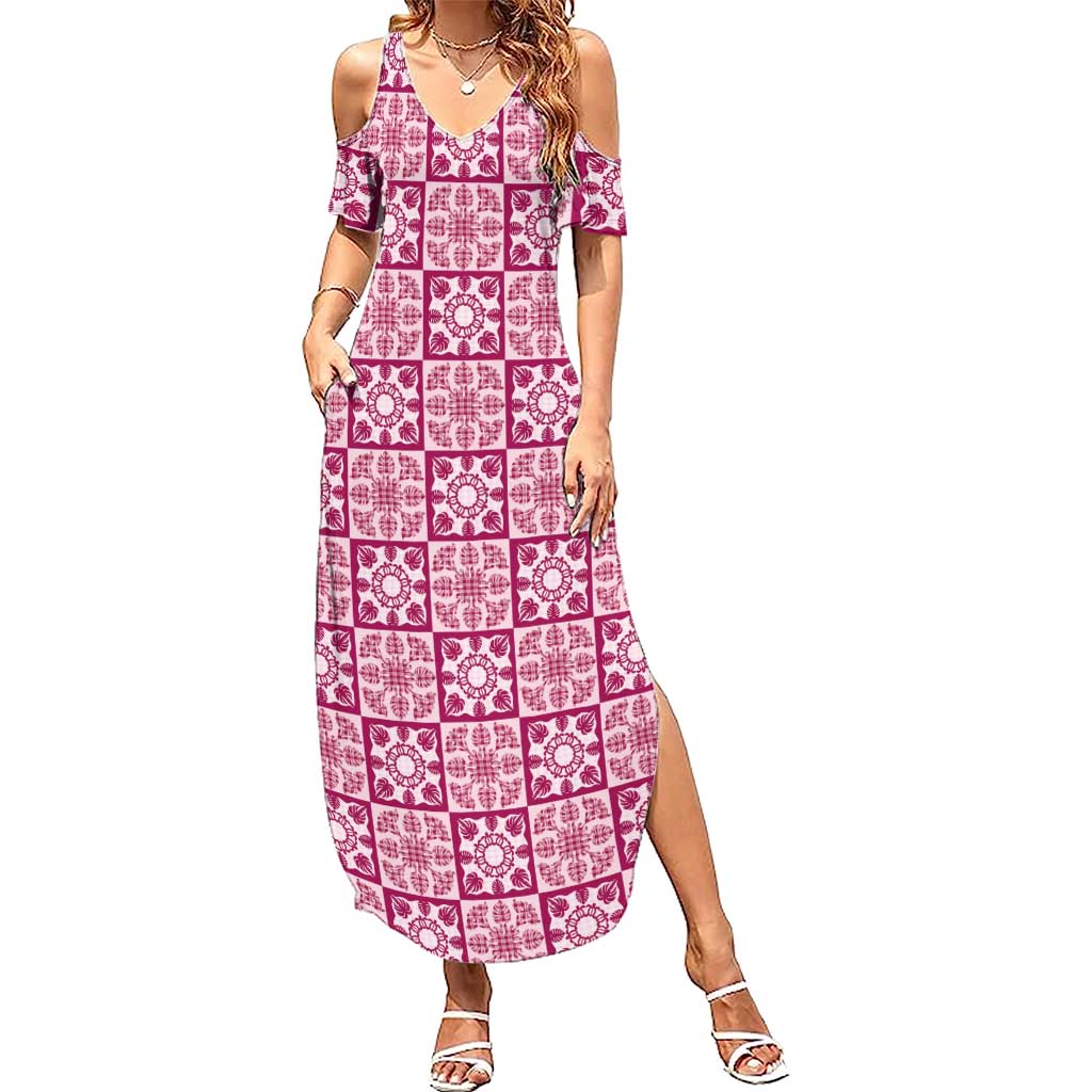 Akala Palaka Quilt Hawaii Family Matching Summer Maxi Dress and Hawaiian Shirt Hawaiian Tropical Monstera Sea Turtle LT14 Mom's Dress Pink - Polynesian Pride