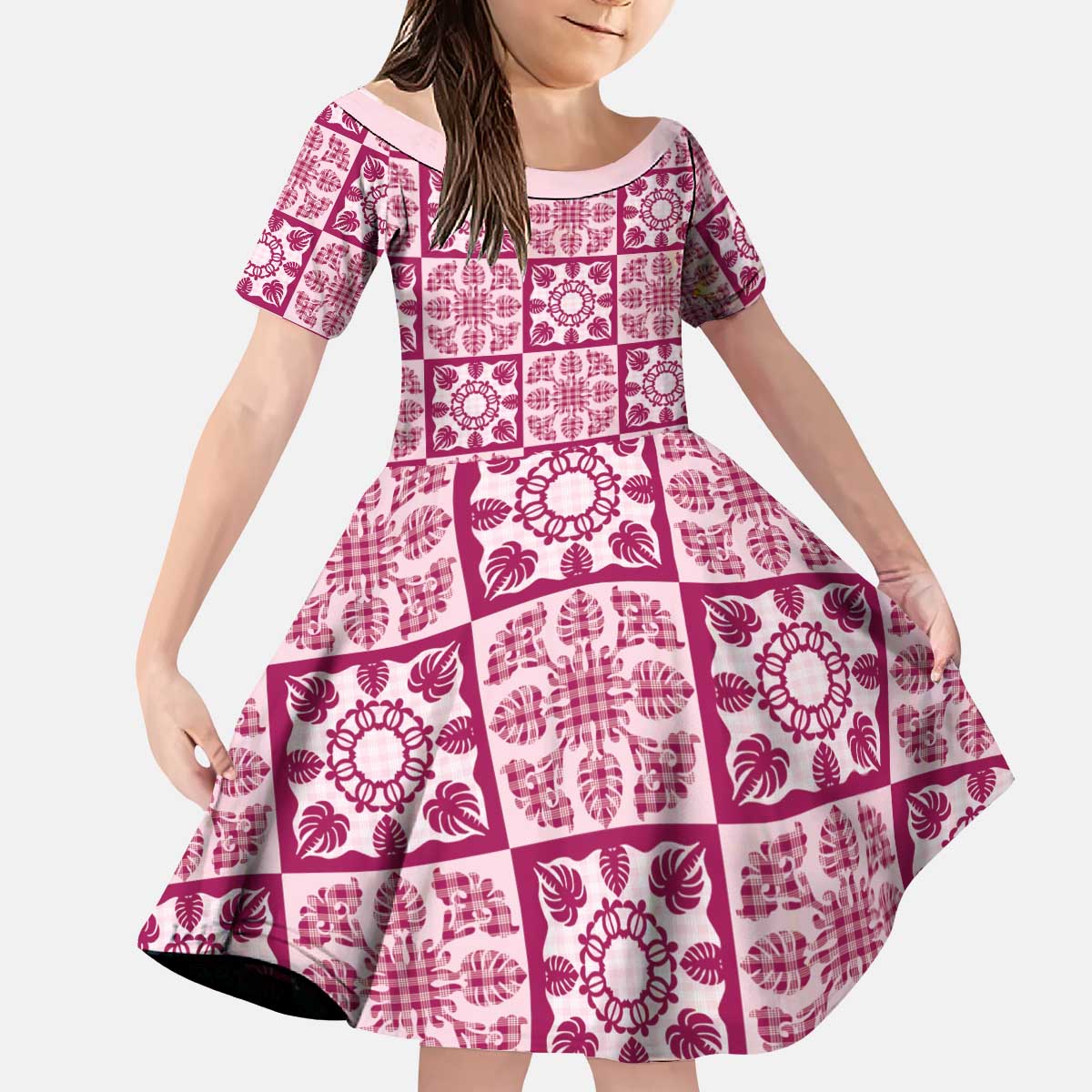 Akala Palaka Quilt Hawaii Kid Short Sleeve Dress Hawaiian Tropical Monstera Sea Turtle